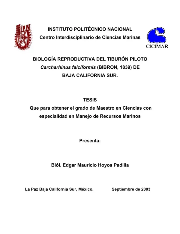 Biología Reproductiva del Tiburón Piloto Carcharhinus falciformis en Baja California Sur