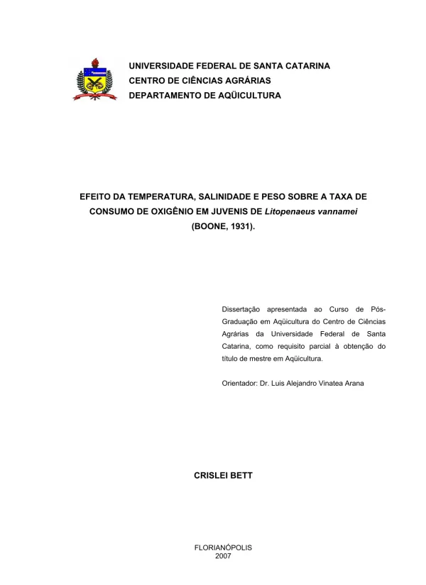 Efeito da Temperatura, Salinidade e Peso sobre a Taxa de Consumo de Oxigênio em Juvenis de Litopenaeus vannamei