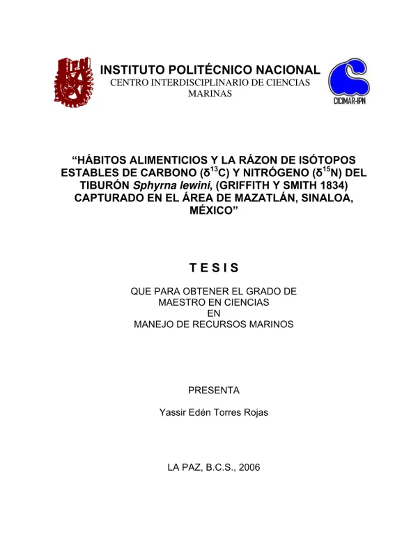 Hábitos alimenticios y razón de isótopos estables de carbono y nitrógeno del tiburón Sphyrna lewini en Mazatlán, Sinaloa, México