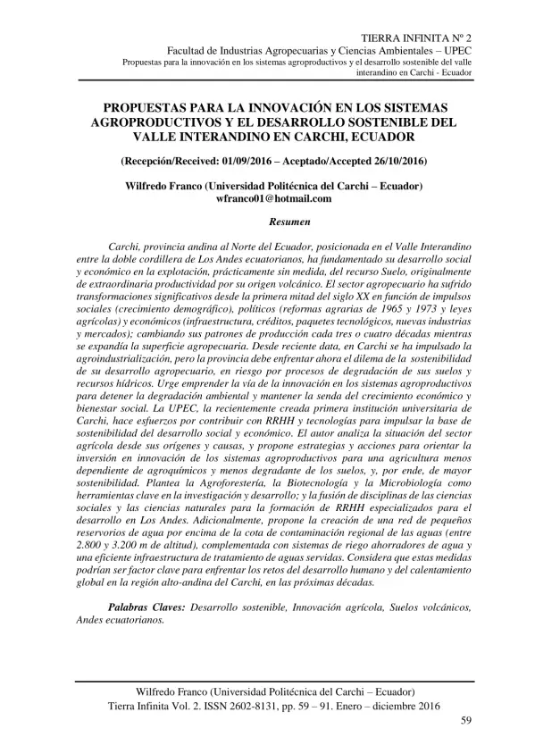 Propuestas para la innovación en los sistemas agroproductivos y el desarrollo sostenible del Valle Interandino en Carchi, Ecuador