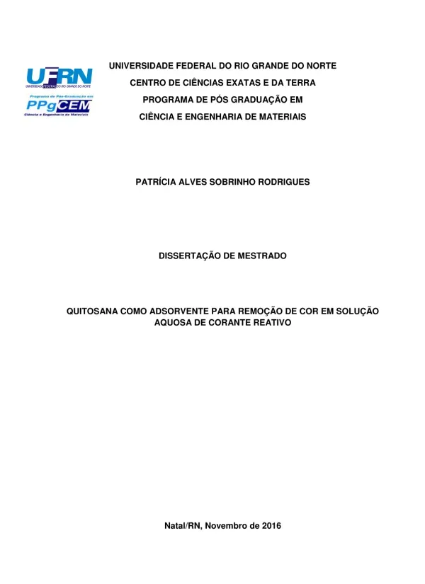 Quitosana como Adsorvente para Remoção de Cor em Solução Aquosa de Corante Reativo