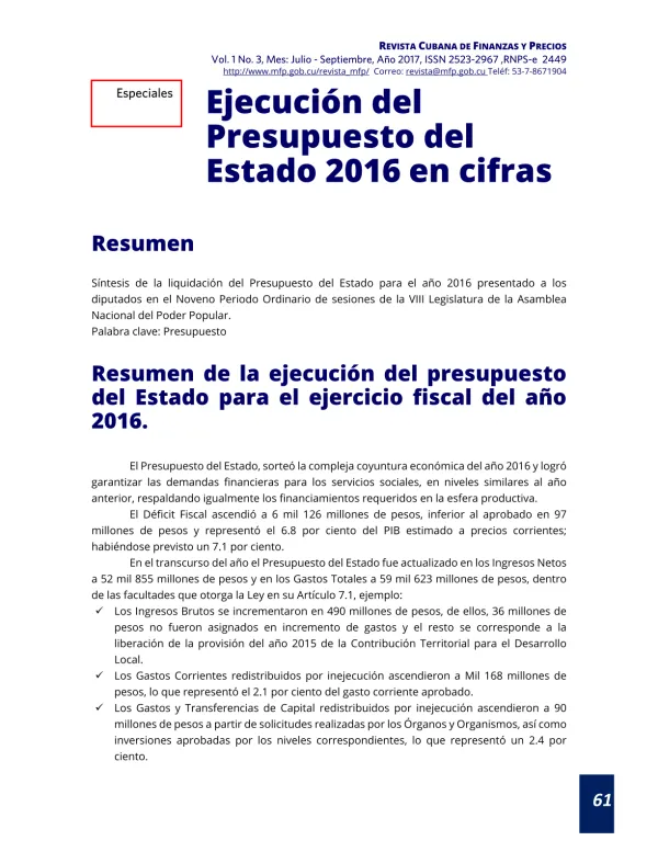 Ejecución del Presupuesto del Estado 2016 en cifras