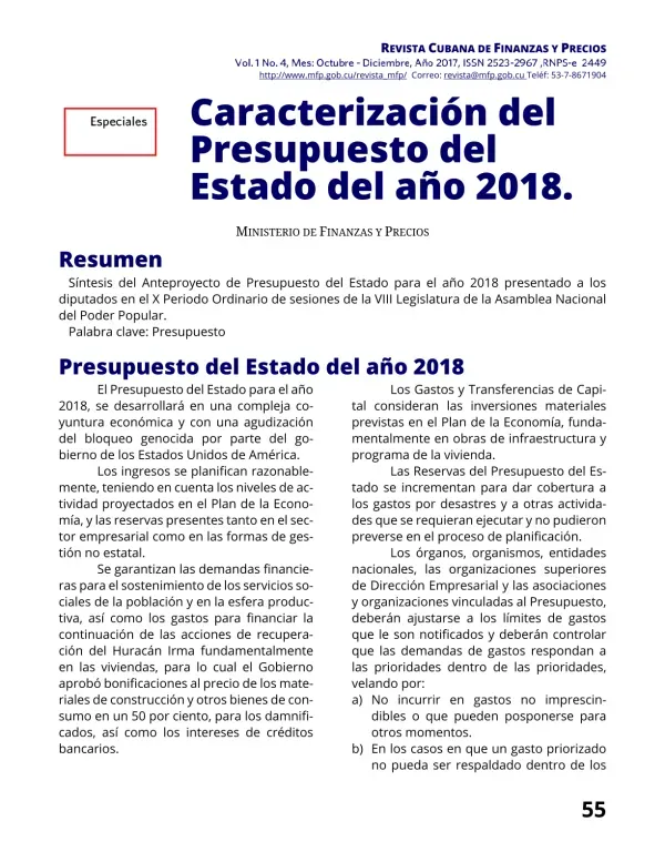 Caracterización del Presupuesto del Estado del año 2018