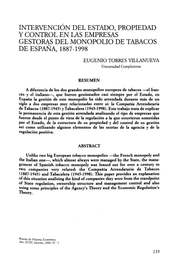 Intervención del Estado, propiedad y control en las empresas gestoras del monopolio de tabacos de España, 1887-1998