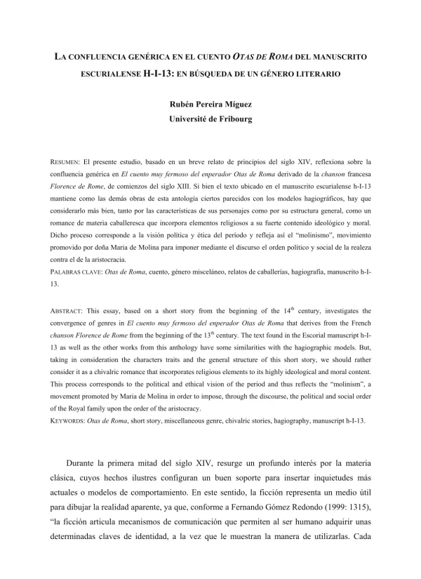 La confluencia genérica en el cuento Otas de Roma del manuscrito escurialense H-I-13 : en búsqueda de un género literario