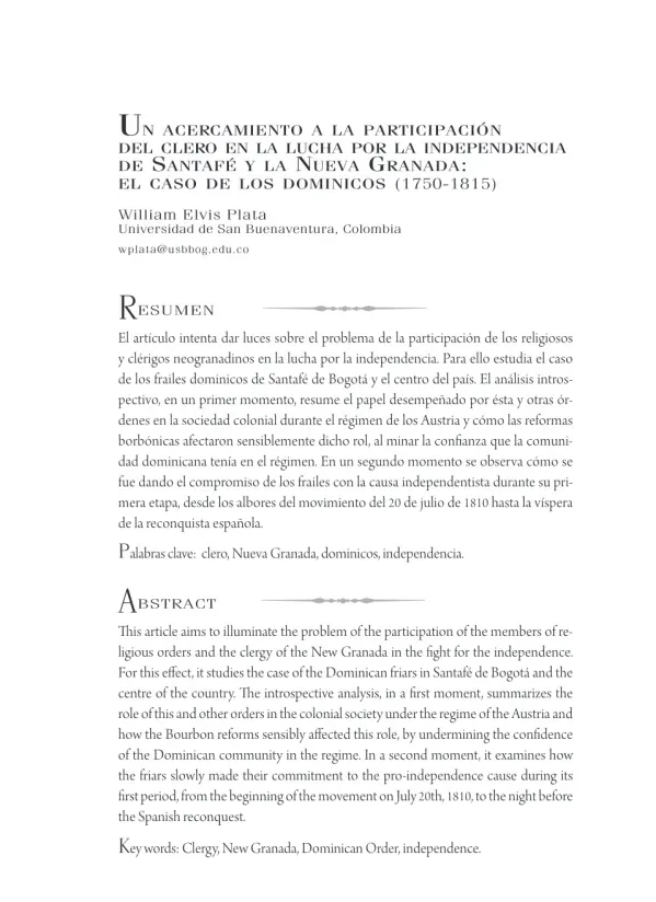 Un acercamiento a la participación del clero en la lucha por la independencia de Santafé y la Nueva Granada: el caso de los dominicos (1750-1815)