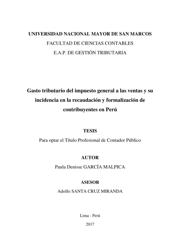 Gasto tributario del impuesto general a las ventas y su incidencia en la recaudación y formalización de contribuyentes en Perú