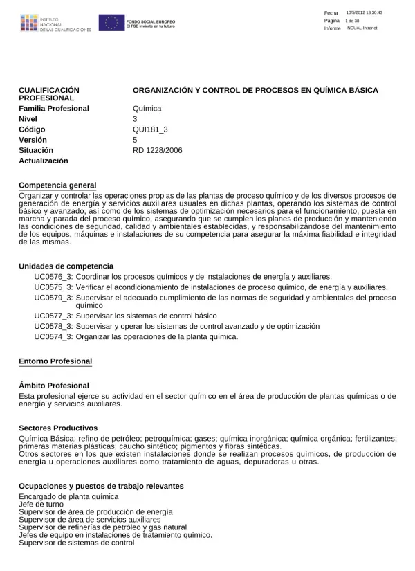 ORGANIZACIÓN Y CONTROL DE PROCESOS EN QUÍMICA BÁSICA PROFESIONAL Familia Profesional Nivel 3