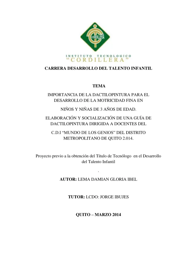 CARRERA DESARROLLO DEL TALENTO INFANTIL TEMA IMPORTANCIA DE LA DACTILOPINTURA PARA EL DESARROLLO DE LA MOTRICIDAD FINA EN