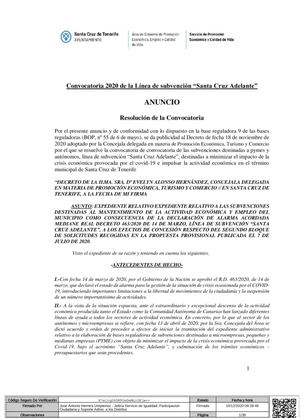 Convocatoria 2020 de la Línea de subvención Santa Cruz Adelante ANUNCIO. Resolución de la Convocatoria