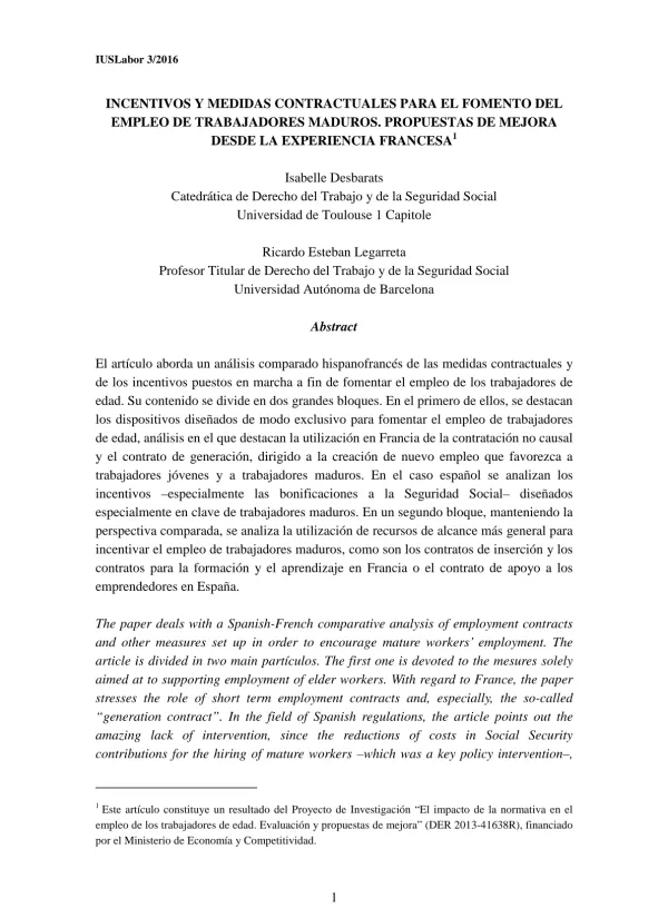 Incentivos y medidas contractuales para el fomento del empleo de trabajadores maduros. Propuestas de mejora desde la experiencia francesa