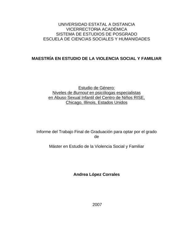 Estudio de Género: Niveles de Burnout en psicólogas especialistas en Abuso Sexual Infantil del Centro de Niños RISE, Chicago, Illinois, Estados Unidos