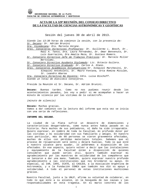Acta de la 329ª reunión del Consejo Directivo de la Facultad de Ciencias Astronómicas y Geofísicas : Sesión del jueves 30 de abril de 2013