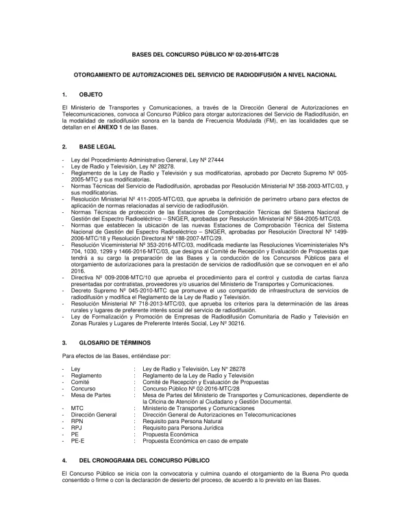 BASES DEL CONCURSO PÚBLICO Nº MTC/28 OTORGAMIENTO DE AUTORIZACIONES DEL SERVICIO DE RADIODIFUSIÓN A NIVEL NACIONAL